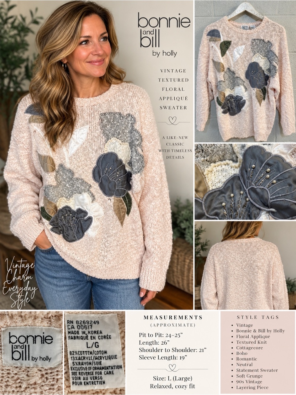 Pink Textured Floral Appliqué Sweater